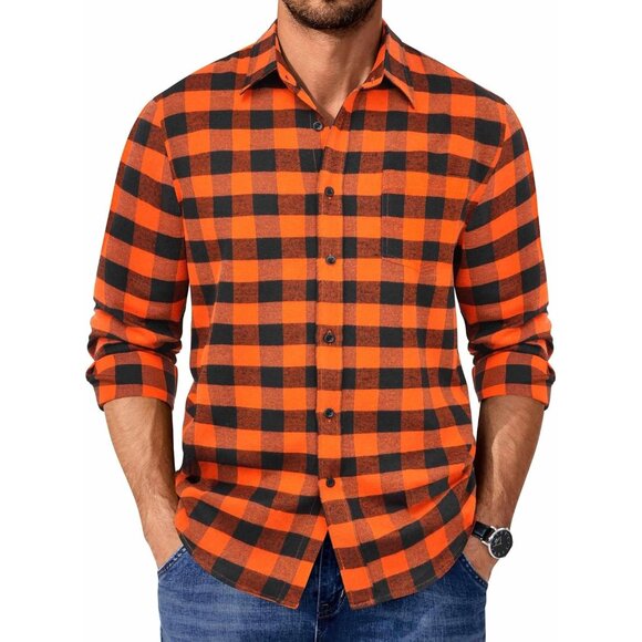 Buffalo Black Orange Men Flannel  Long Sleeve Plaid  Button Up Shirt Jacket - Picture 1 of 5